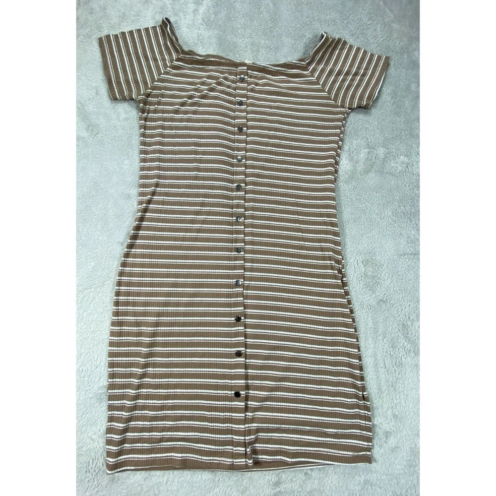 Vintage Say What Sweater Dress Womens XL Black Brown Striped Off Shoulder Button